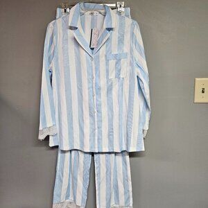 women's medium pajama set button-down long sleeve pants blue white strip